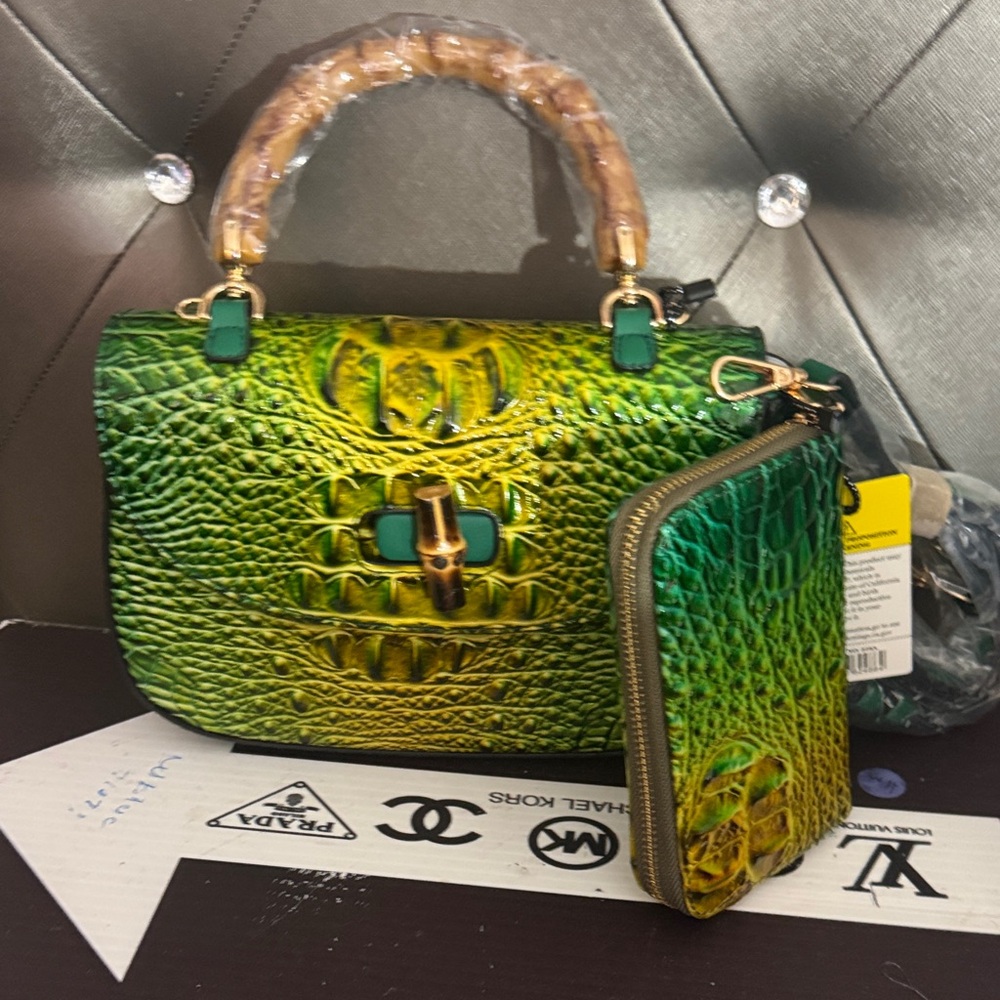 Green and Yellow Crocodile Pattern Handbag Set fashion